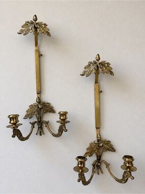Vintage Hollywood Regency 16 inch Pair of Brass Wall Sconces With Oak and Horse